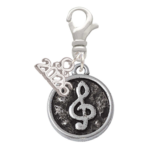 Silver Plated Antiqued Round Seal - Clef - Silver Plated Clip on Charm with Mini Year 2026: Year to Remember Jewelry Gift - Celebrations