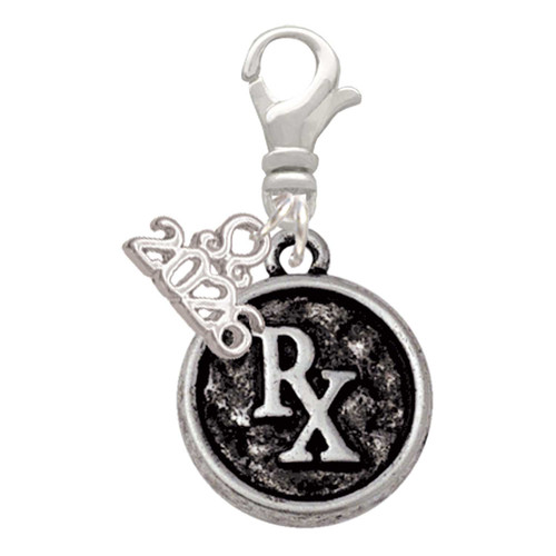 Silver Plated Medical Pharmacist Caduceus Seal - Rx - Silver Plated Clip on Charm with Mini Year 2026: Year to Remember Jewelry Gift - Celebrations