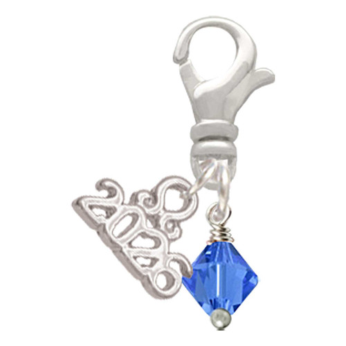 September - Blue Crystal Bicone - Silver Plated Clip on Charm with Mini Year 2026: Year to Remember Jewelry Gift - Celebrations