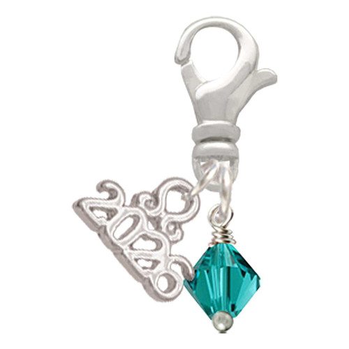 December - Teal Crystal Bicone - Silver Plated Clip on Charm with Mini Year 2026: Year to Remember Jewelry Gift - Celebrations