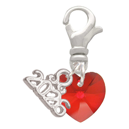 10mm Red Crystal Heart - Silver Plated Clip on Charm with Mini Year 2026: Year to Remember Jewelry Gift - Celebrations