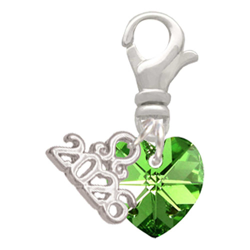 10mm Lime Green Crystal Heart - Silver Plated Clip on Charm with Mini Year 2026: Year to Remember Jewelry Gift - Celebrations