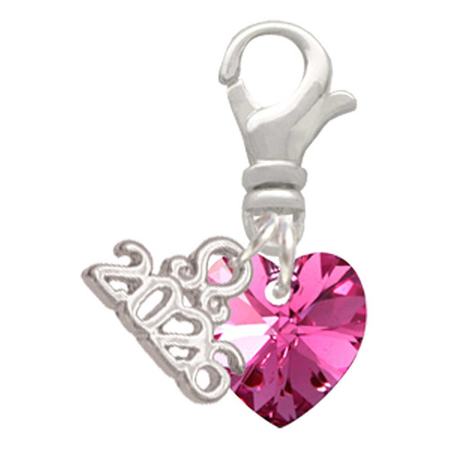 10mm Hot Pink Crystal Heart - Silver Plated Clip on Charm with Mini Year 2026: Year to Remember Jewelry Gift - Celebrations