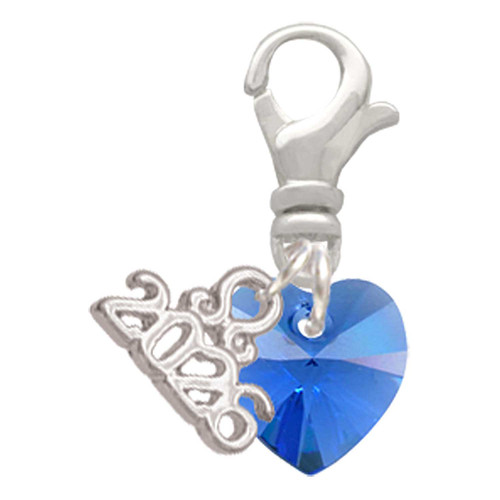 10mm Blue Crystal Heart - Silver Plated Clip on Charm with Mini Year 2026: Year to Remember Jewelry Gift - Celebrations