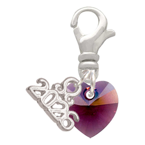 10mm Purple Crystal Heart - Silver Plated Clip on Charm with Mini Year 2026: Year to Remember Jewelry Gift - Celebrations