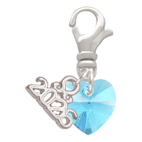 10mm Hot Blue Crystal Heart - Silver Plated Clip on Charm with Mini Year 2026: Year to Remember Jewelry Gift - Celebrations