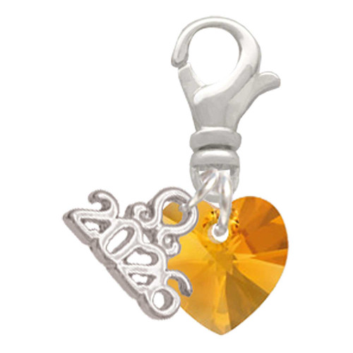 10mm Yellow Crystal Heart - Silver Plated Clip on Charm with Mini Year 2026: Year to Remember Jewelry Gift - Celebrations