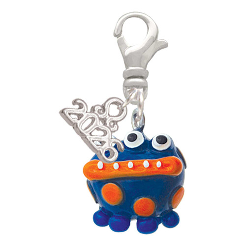Resin Blue Alien with Orange Dots - Silver Plated Clip on Charm with Mini Year 2026: Year to Remember Jewelry Gift - Celebrations