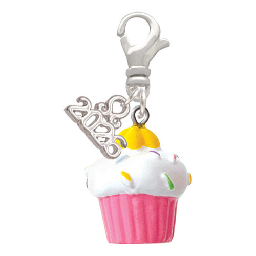 Resin Pink Cupcake with White Frosting - Silver Plated Clip on Charm with Mini Year 2026: Year to Remember Jewelry Gift - Celebrations