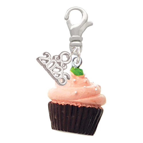 Resin Chocolate Cupcake with Pink Frosting - Silver Plated Clip on Charm with Mini Year 2026: Year to Remember Jewelry Gift - Celebrations
