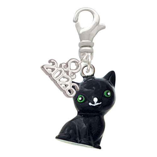 Resin Black Cat - Silver Plated Clip on Charm with Mini Year 2026: Year to Remember Jewelry Gift - Celebrations