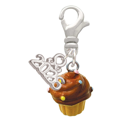 Resin Mini Vanilla Cupcake with Chocolate Frosting - Silver Plated Clip on Charm with Mini Year 2026: Year to Remember Jewelry Gift - Celebrations