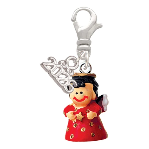 Resin Red Angel Holding Star - Silver Plated Clip on Charm with Mini Year 2026: Year to Remember Jewelry Gift - Celebrations