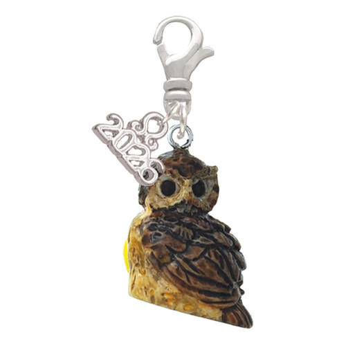 Resin Sitting Owl - Silver Plated Clip on Charm with Mini Year 2026: Year to Remember Jewelry Gift - Celebrations