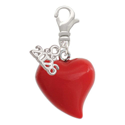 Resin Red Puffy Heart - Silver Plated Clip on Charm with Mini Year 2026: Year to Remember Jewelry Gift - Celebrations