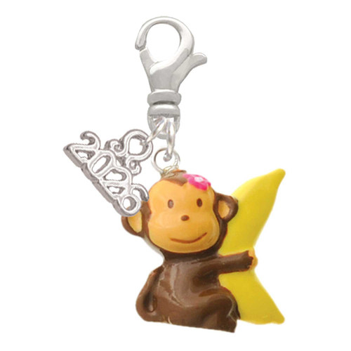 Resin Monkey Hugging a Banana - Silver Plated Clip on Charm with Mini Year 2026: Year to Remember Jewelry Gift - Celebrations