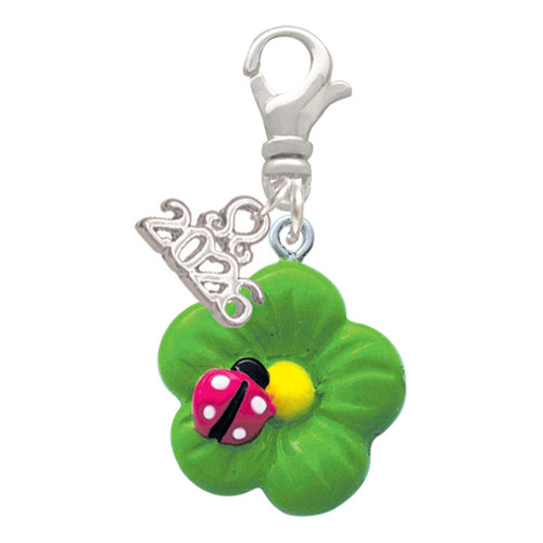Resin Lime Green Daisy Flower with Hot Pink Ladybug - Silver Plated Clip on Charm with Mini Year 2026: Year to Remember Jewelry Gift - Celebrations