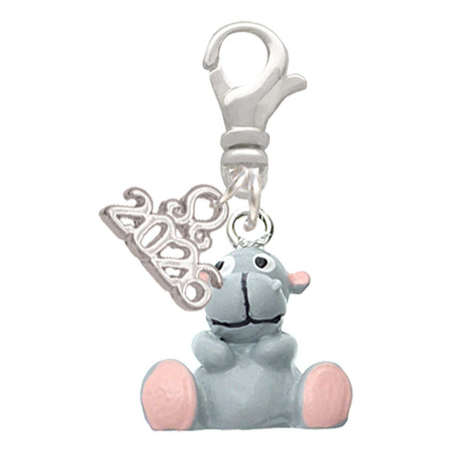 Resin Grey Hippopotamus Honey - Silver Plated Clip on Charm with Mini Year 2026: Year to Remember Jewelry Gift - Celebrations
