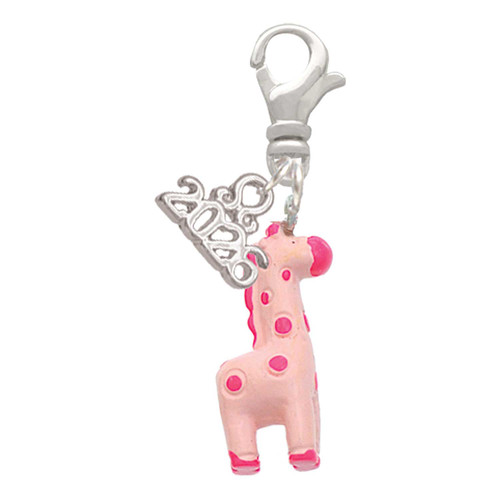 Resin Pink Geronimo the Giraffe - Silver Plated Clip on Charm with Mini Year 2026: Year to Remember Jewelry Gift - Celebrations