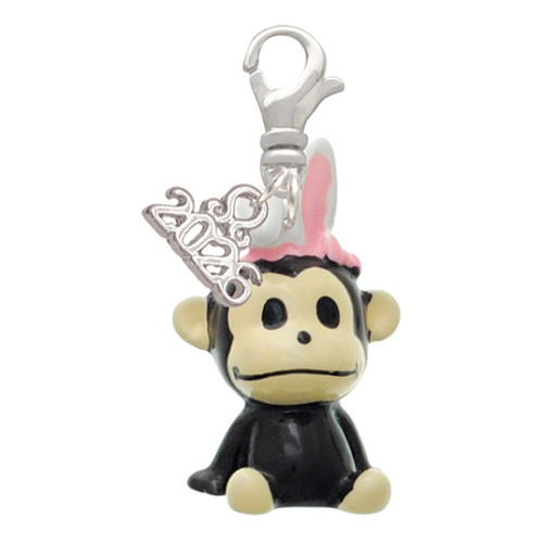 Resin Monkey with Bunny Ears - Silver Plated Clip on Charm with Mini Year 2026: Year to Remember Jewelry Gift - Celebrations
