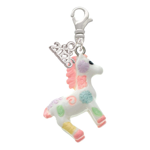 Resin Pastel Paint Pony - Silver Plated Clip on Charm with Mini Year 2026: Year to Remember Jewelry Gift - Celebrations