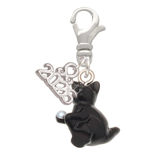 Resin Black Playing Cat - Silver Plated Clip on Charm with Mini Year 2026: Year to Remember Jewelry Gift - Celebrations