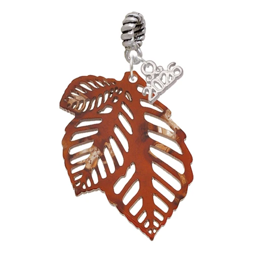 Acrylic Medium Triple Leaf Shimmer Brown - Silver Plated Twist Rope Bead Charm Dangle with Mini Year 2026: Year to Remember Jewelry Gift - Celebrations