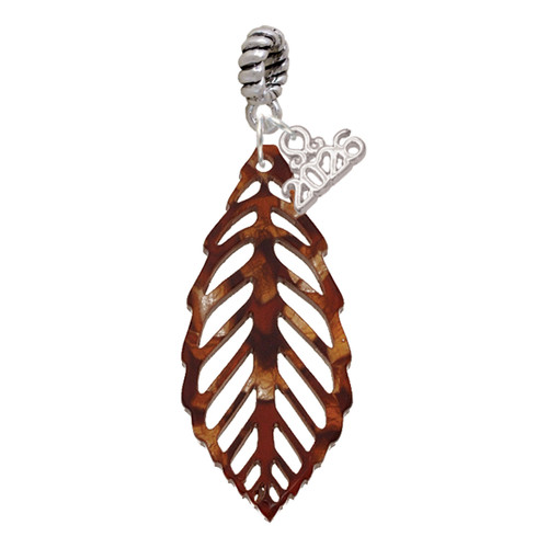 Acrylic Large Leaf Shimmer Brown - Silver Plated Twist Rope Bead Charm Dangle with Mini Year 2026: Year to Remember Jewelry Gift - Celebrations