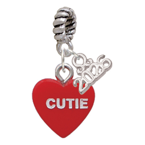 Acrylic Red "Too Cute / Cutie" Heart - Silver Plated Twist Rope Bead Charm Dangle with Mini Year 2026: Year to Remember Jewelry Gift - Celebrations