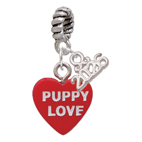 Acrylic Red "Puppy Love / Take a Walk" Heart - Silver Plated Twist Rope Bead Charm Dangle with Mini Year 2026: Year to Remember Jewelry Gift - Celebrations