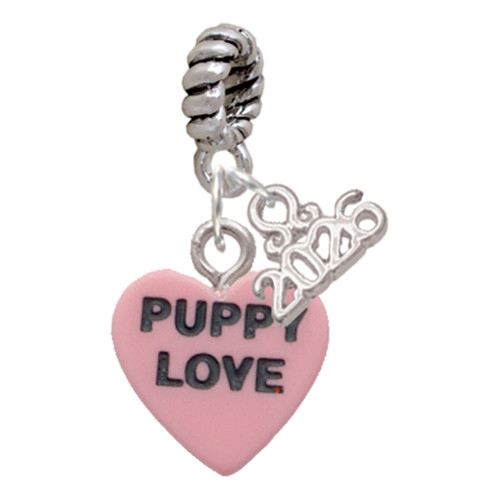 Acrylic Pink "Puppy Love / Take a Walk" Heart - Silver Plated Twist Rope Bead Charm Dangle with Mini Year 2026: Year to Remember Jewelry Gift - Celebrations
