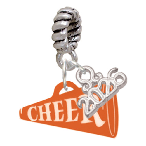 Acrylic Orange Cheer Megaphone - Silver Plated Twist Rope Bead Charm Dangle with Mini Year 2026: Year to Remember Jewelry Gift - Celebrations