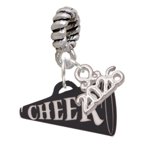 Acrylic Black Cheer Megaphone - Silver Plated Twist Rope Bead Charm Dangle with Mini Year 2026: Year to Remember Jewelry Gift - Celebrations
