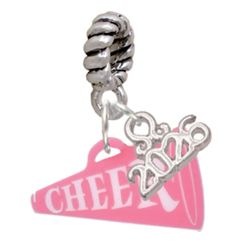 Acrylic Pink Cheer Megaphone - Silver Plated Twist Rope Bead Charm Dangle with Mini Year 2026: Year to Remember Jewelry Gift - Celebrations