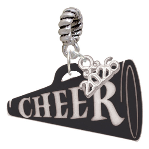 Acrylic Large Black Cheer Megaphone - Silver Plated Twist Rope Bead Charm Dangle with Mini Year 2026: Year to Remember Jewelry Gift - Celebrations