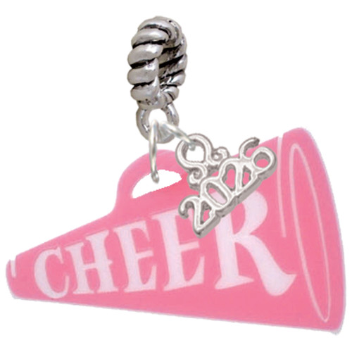 Acrylic Large Pink Cheer Megaphone - Silver Plated Twist Rope Bead Charm Dangle with Mini Year 2026: Year to Remember Jewelry Gift - Celebrations