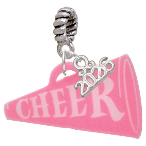 Acrylic Large Hot Pink Cheer Megaphone - Silver Plated Twist Rope Bead Charm Dangle with Mini Year 2026: Year to Remember Jewelry Gift - Celebrations