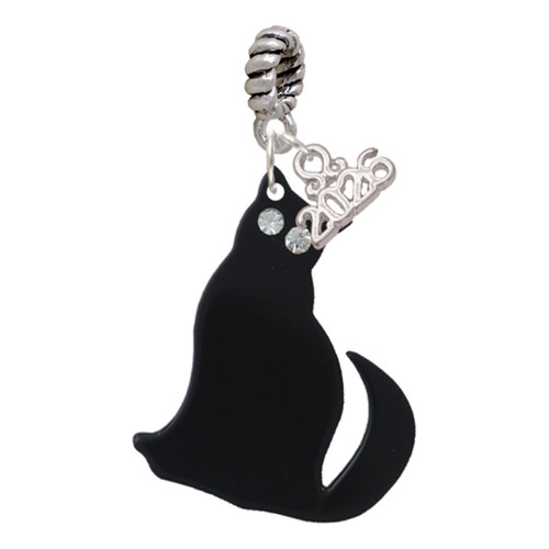 Acrylic Sitting Black Cat with Crystal Eyes - Silver Plated Twist Rope Bead Charm Dangle with Mini Year 2026: Year to Remember Jewelry Gift - Celebrations