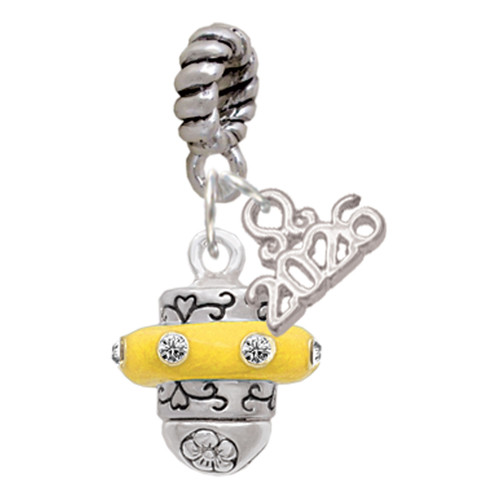 Silver Plated Crystal Yellow Spinner - Silver Plated Twist Rope Bead Charm Dangle with Mini Year 2026: Year to Remember Jewelry Gift - Celebrations