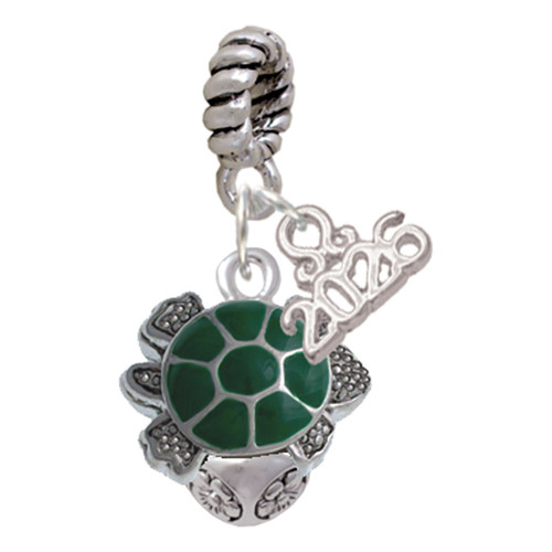 Silver Plated Green Enamel 2-D Turtle Spinner - Silver Plated Twist Rope Bead Charm Dangle with Mini Year 2026: Year to Remember Jewelry Gift - Celebrations