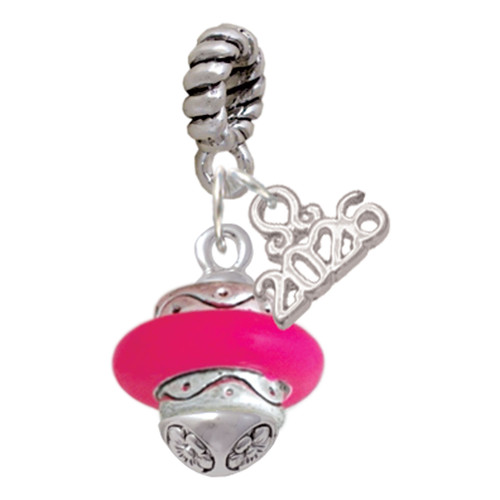 Silver Plated Hot Pink Center Spinner - Silver Plated Twist Rope Bead Charm Dangle with Mini Year 2026: Year to Remember Jewelry Gift - Celebrations