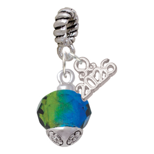 12mm Faceted Hot Blue Glass Spinner - Silver Plated Twist Rope Bead Charm Dangle with Mini Year 2026: Year to Remember Jewelry Gift - Celebrations