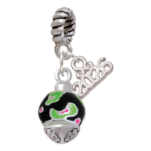 Silver Plated Wide Lime Green Cheetah Print Band Spinner - Silver Plated Twist Rope Bead Charm Dangle with Mini Year 2026: Year to Remember Jewelry Gift - Celebrations