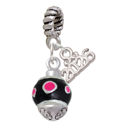 Silver Plated Hot Pink Dots on Black Spinner - Silver Plated Twist Rope Bead Charm Dangle with Mini Year 2026: Year to Remember Jewelry Gift - Celebrations