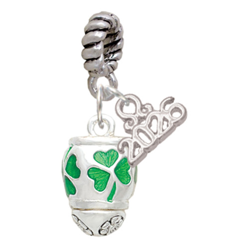 Silver Plated Green Shamrock Spinner - Silver Plated Twist Rope Bead Charm Dangle with Mini Year 2026: Year to Remember Jewelry Gift - Celebrations