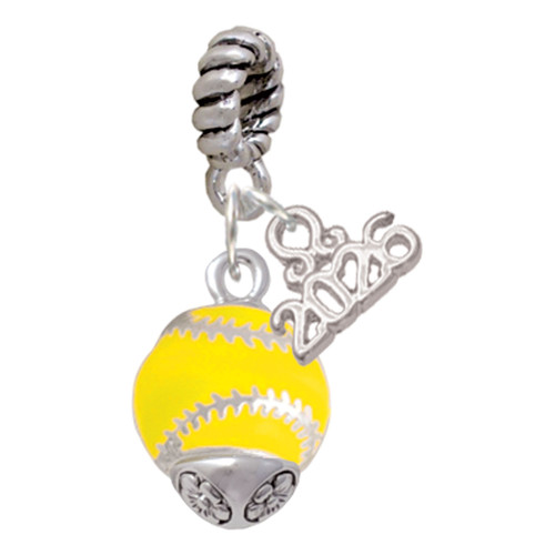 Silver Plated Yellow Softball with Stitching Spinner - Silver Plated Twist Rope Bead Charm Dangle with Mini Year 2026: Year to Remember Jewelry Gift - Celebrations
