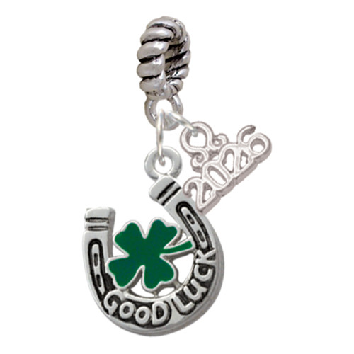 Silver Plated Good Luck Horseshoe with Green Four Leaf Clover - Silver Plated Twist Rope Bead Charm Dangle with Mini Year 2026: Year to Remember Jewelry Gift - Celebrations