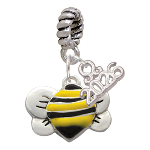 Silver Plated Large Enamel Bumble Bee - Silver Plated Twist Rope Bead Charm Dangle with Mini Year 2026: Year to Remember Jewelry Gift - Celebrations