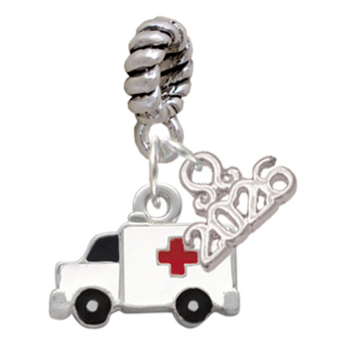 Silver Plated Ambulance with Cross - Silver Plated Twist Rope Bead Charm Dangle with Mini Year 2026: Year to Remember Jewelry Gift - Celebrations