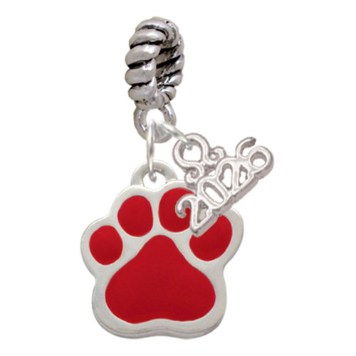 Silver Plated Large Red Paw - Silver Plated Twist Rope Bead Charm Dangle with Mini Year 2026: Year to Remember Jewelry Gift - Celebrations